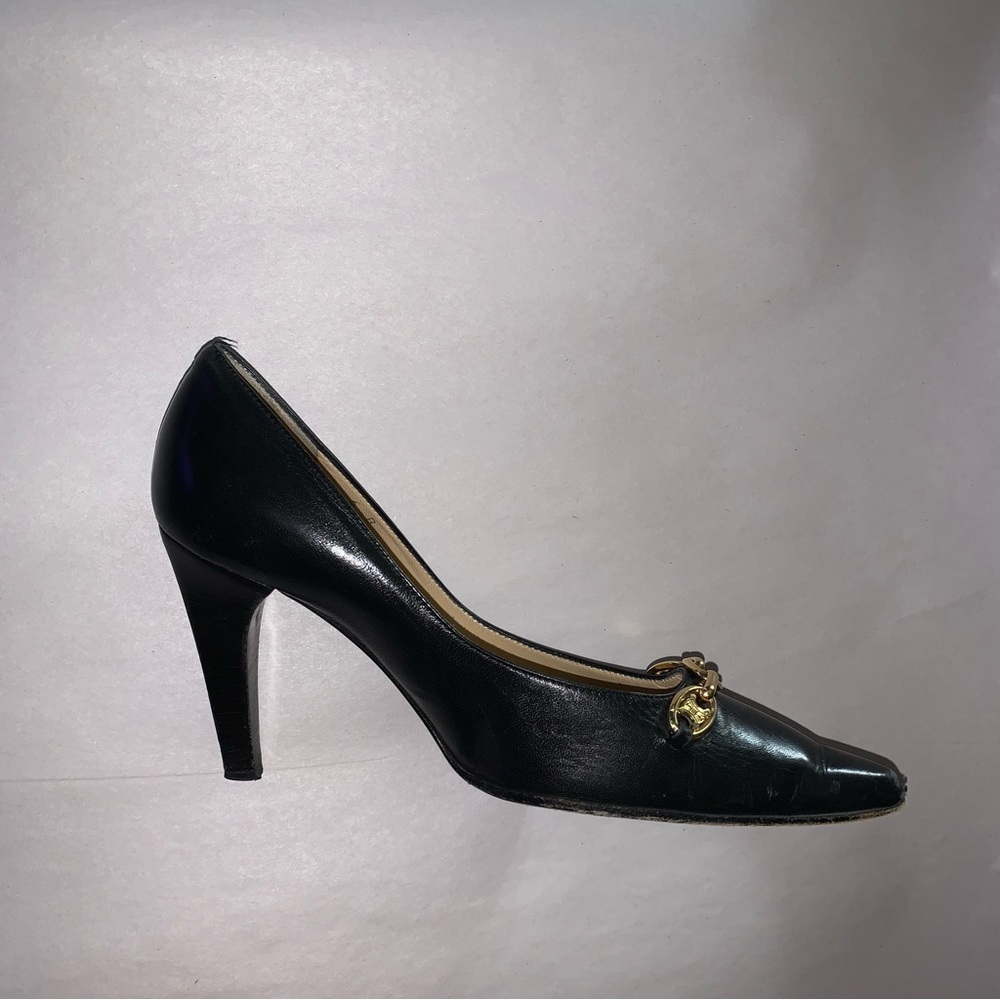 CÉLINE size 36B black calfskin leather PUMPS w/14k gold plated Macadam CHAINLINK